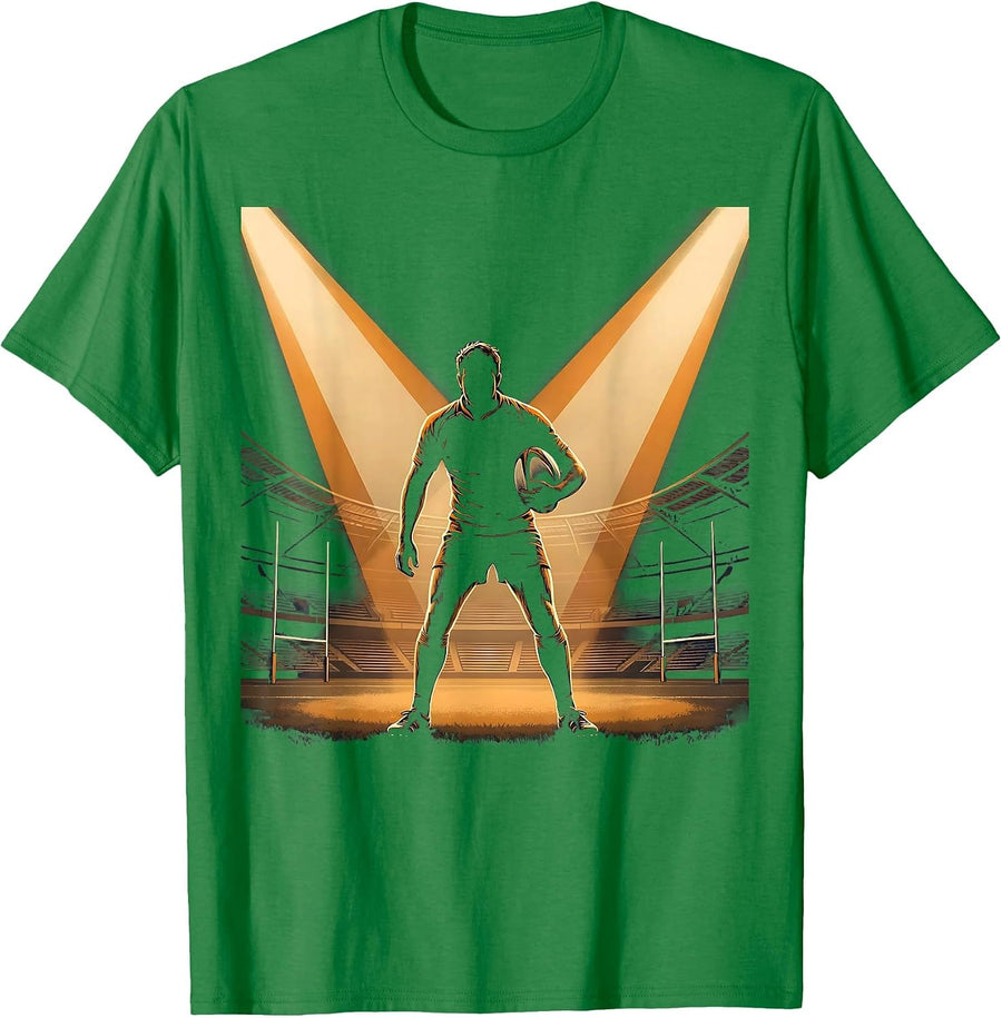 Men's Rugby Player Under Stadium Floodlights Graphic T-Shirt - Kelly Green