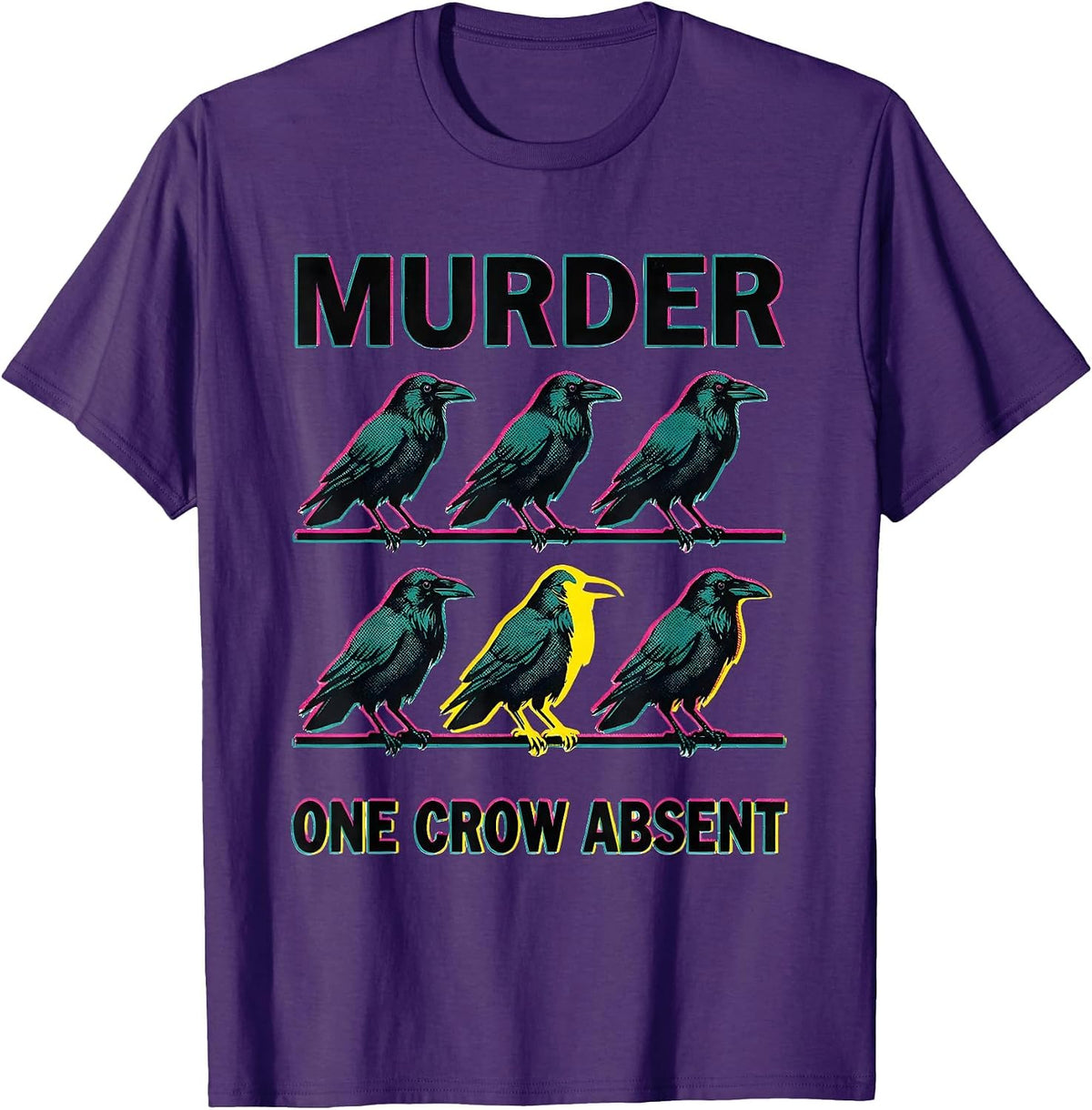 Murder, One Crow Absent Risograph Crow Lover Dark Humor Pun T-Shirt - Purple