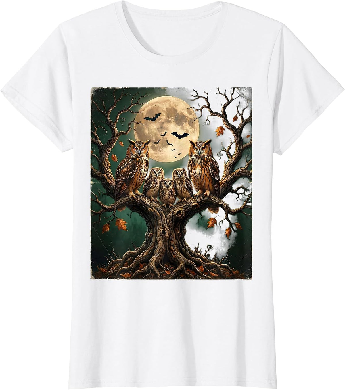 Owl Family Halloween Gnarled Tree Illustration T-Shirt - White