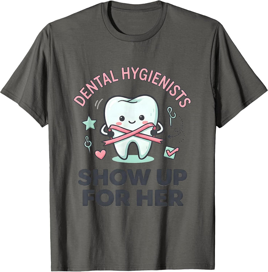 Dental Hygienists Show Up for Her Kawaii Doodle Pink Ribbon T-Shirt - Asphalt Grey