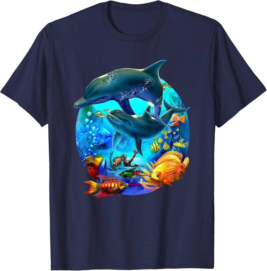 Dolphin Sea Life Save the Sea Marine Biology Aquarium T-Shirt - Navy Blue