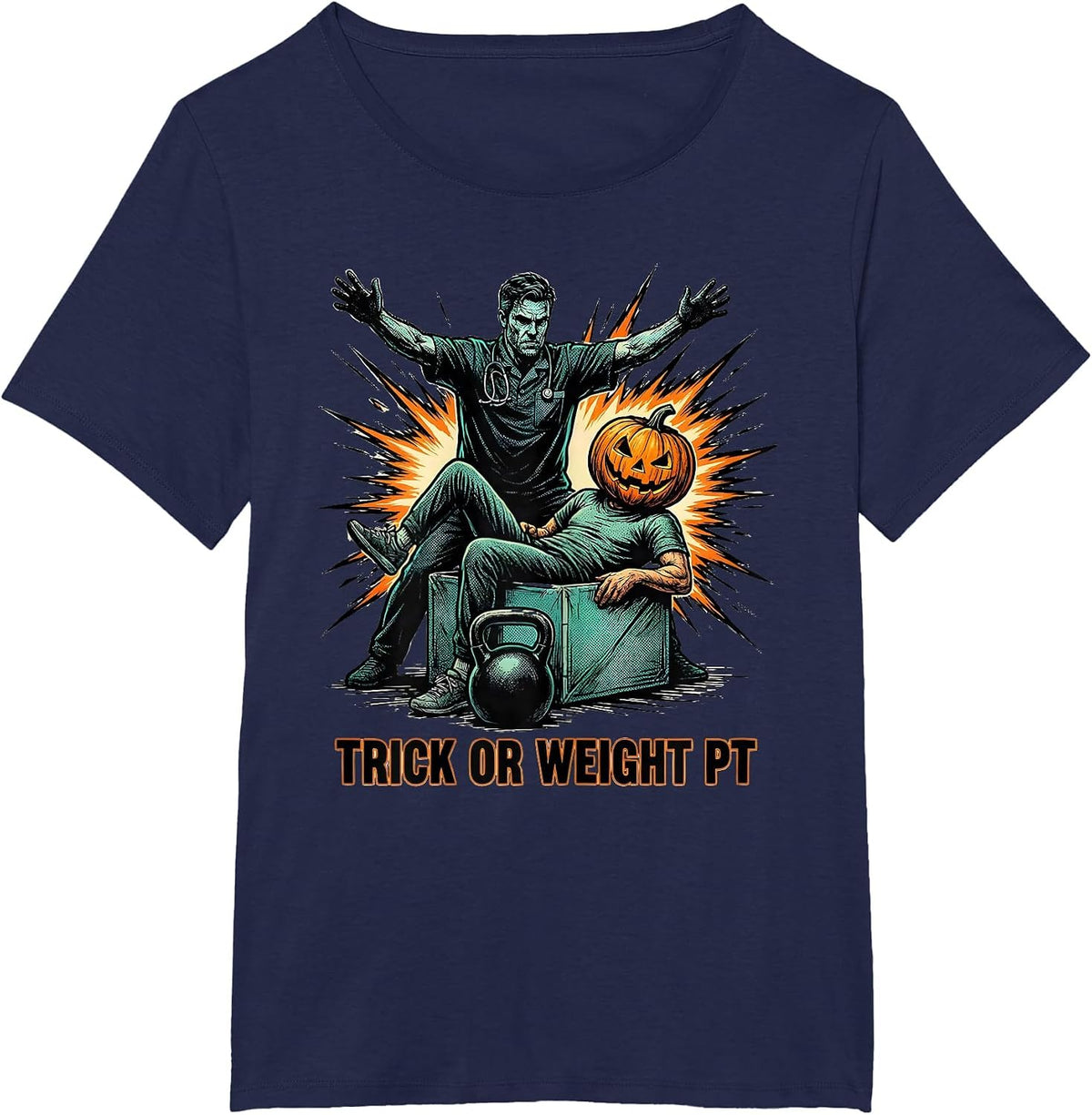 Women's Trick Or Weight PT Comic Ghost Physical Therapy Halloween T-Shirt - Navy Blue
