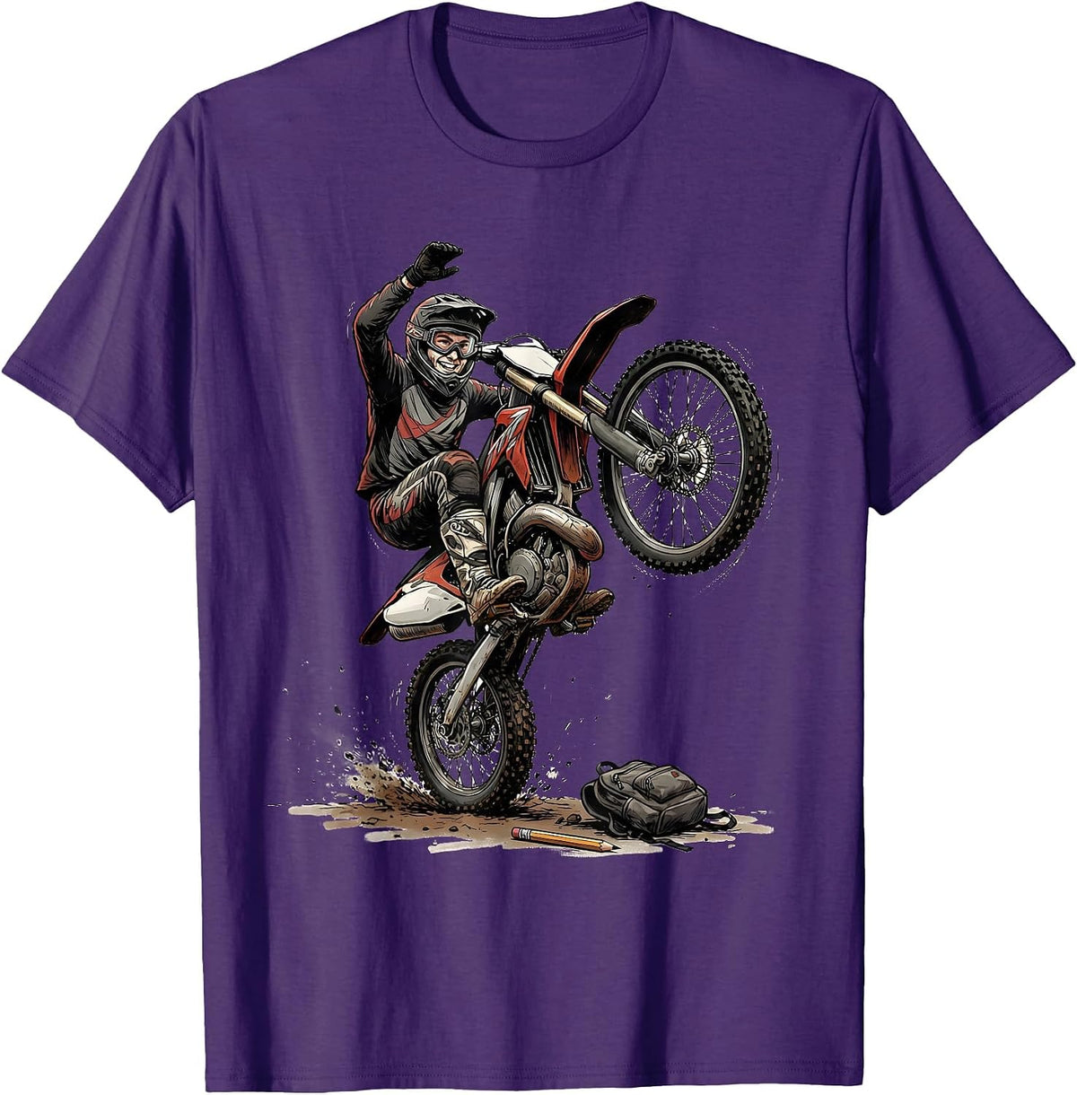 Men's Hand-Sketched Wheelie Rider Dirt Bike Motocross Pride T-Shirt - Purple