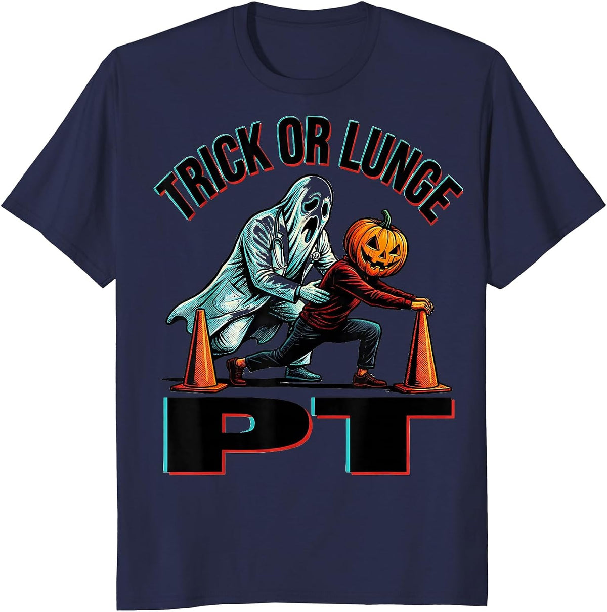 Men's Trick Or Lunge PT Pop Art Physical Therapy Halloween Humor T-Shirt - Navy Blue