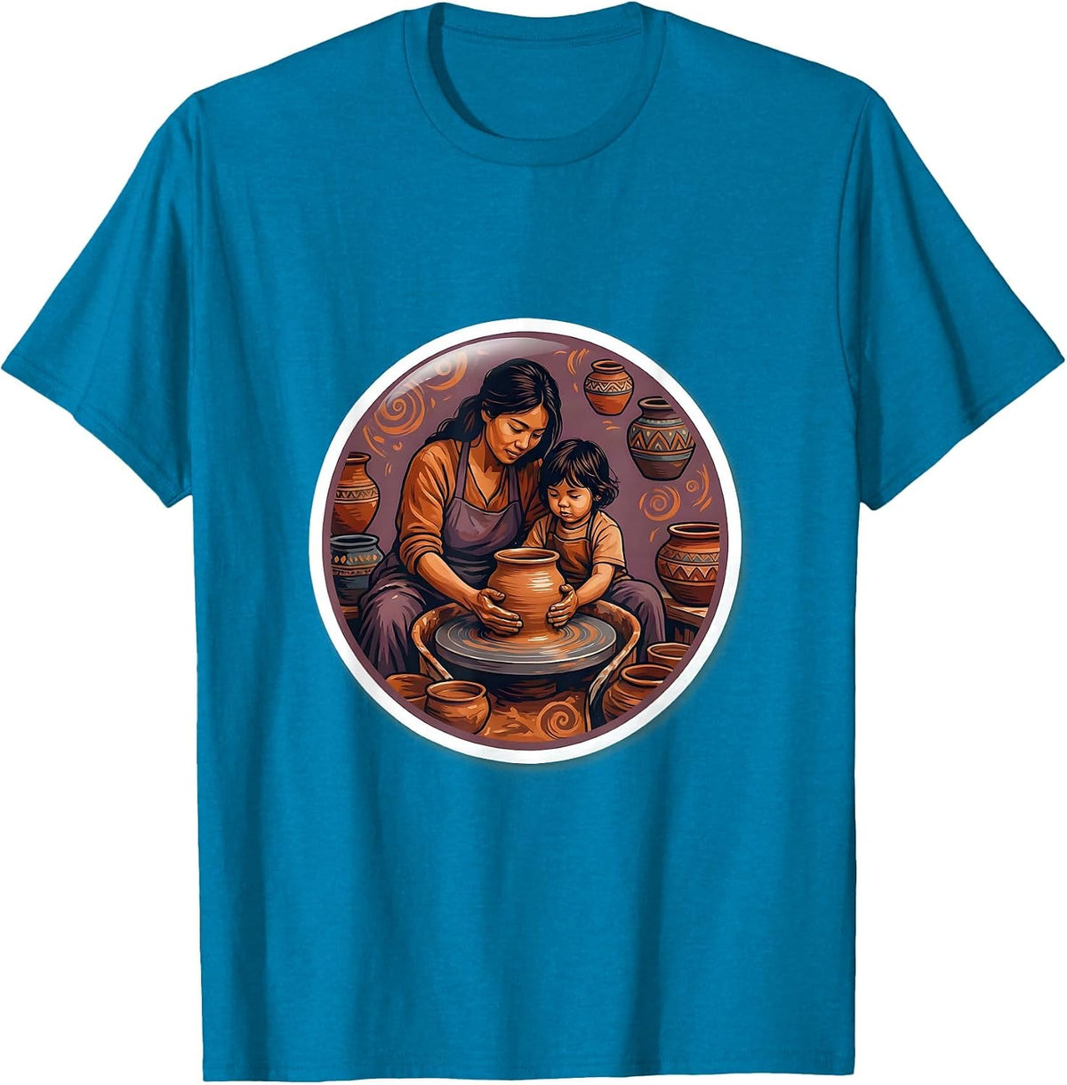 Aunt and Child Pottery Painting Art Design T-Shirt - Sapphire Blue