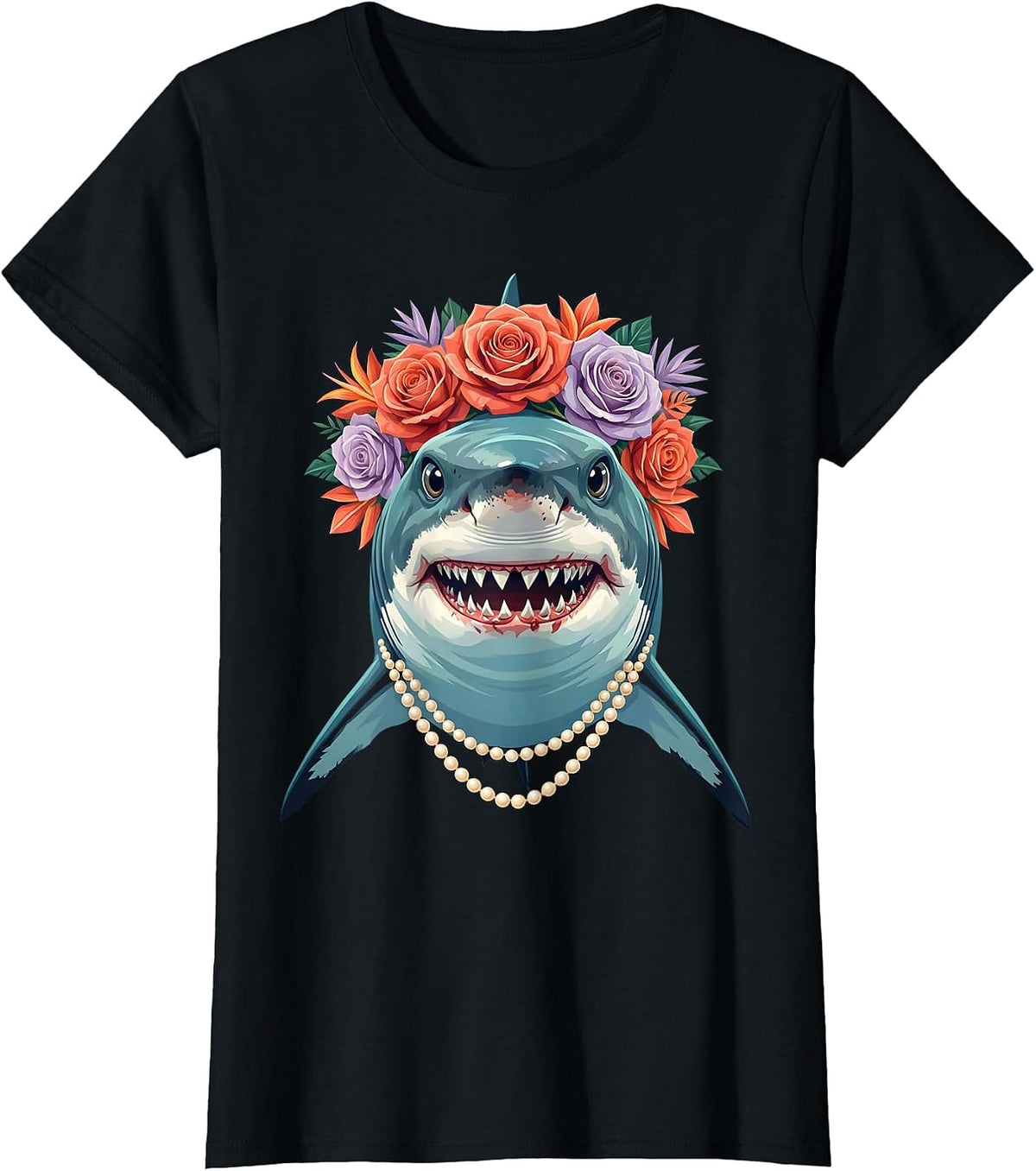 Mommy Shark Floral Crown and Pearls Illustration T-Shirt - Black