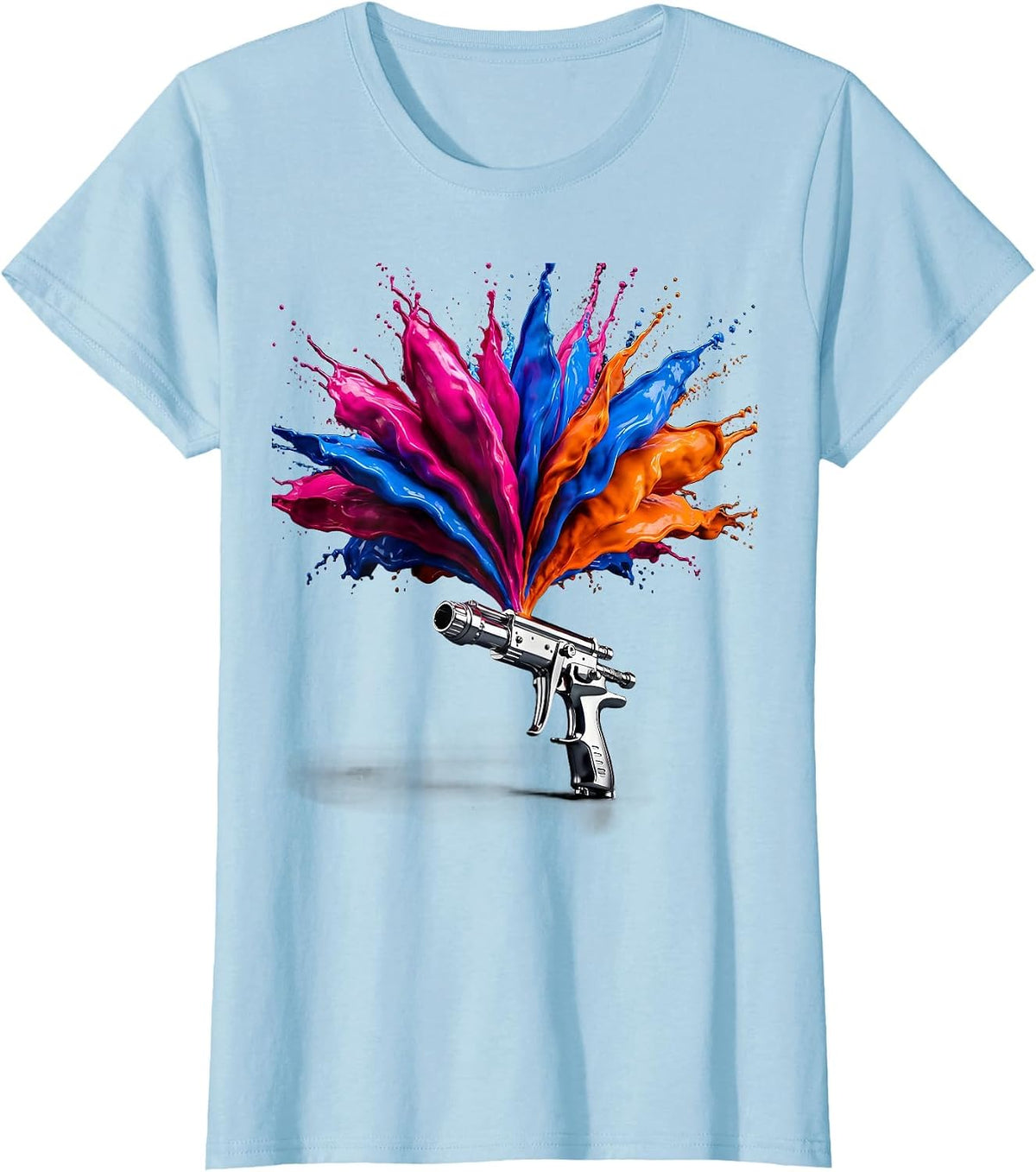 Women's Airbrush Gun Vibrant Color Burst Graphic T-Shirt - Baby Blue