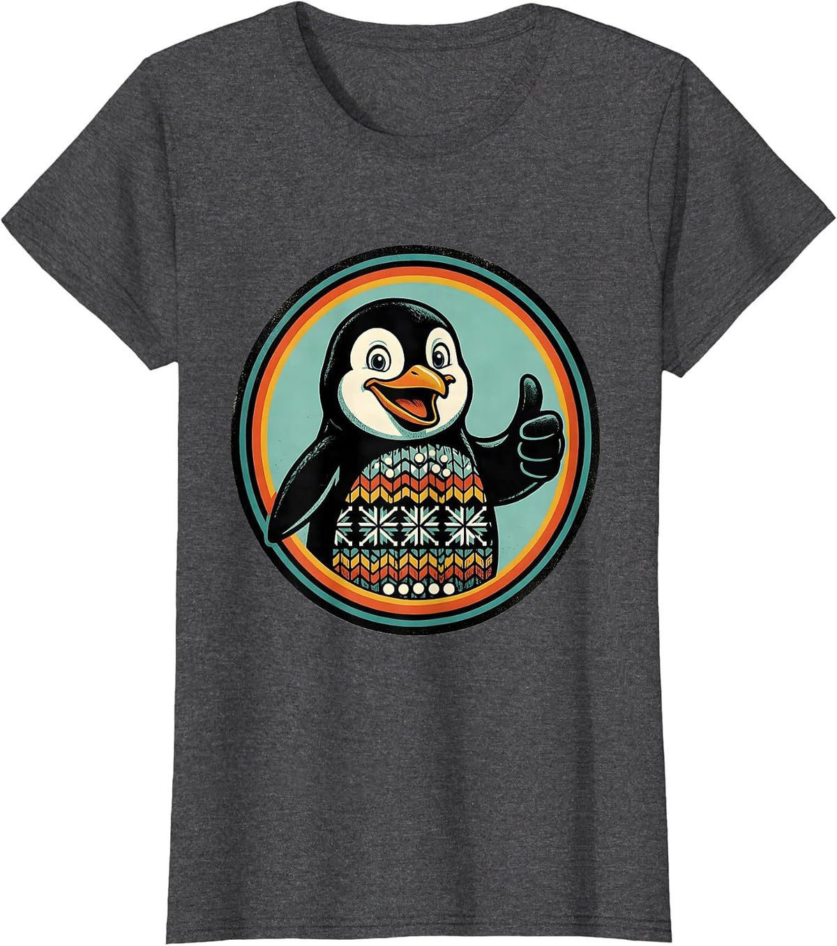 Women's Penguin Mascot Badge Retro Advertising Ugly Christmas T-Shirt - Dark Heather Grey