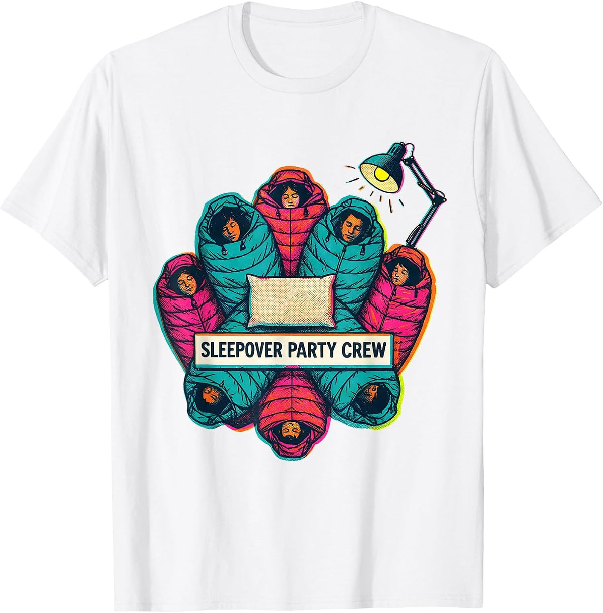 Men's Sleepover Party Crew Risograph Matching Group Slumber Party T-Shirt - White