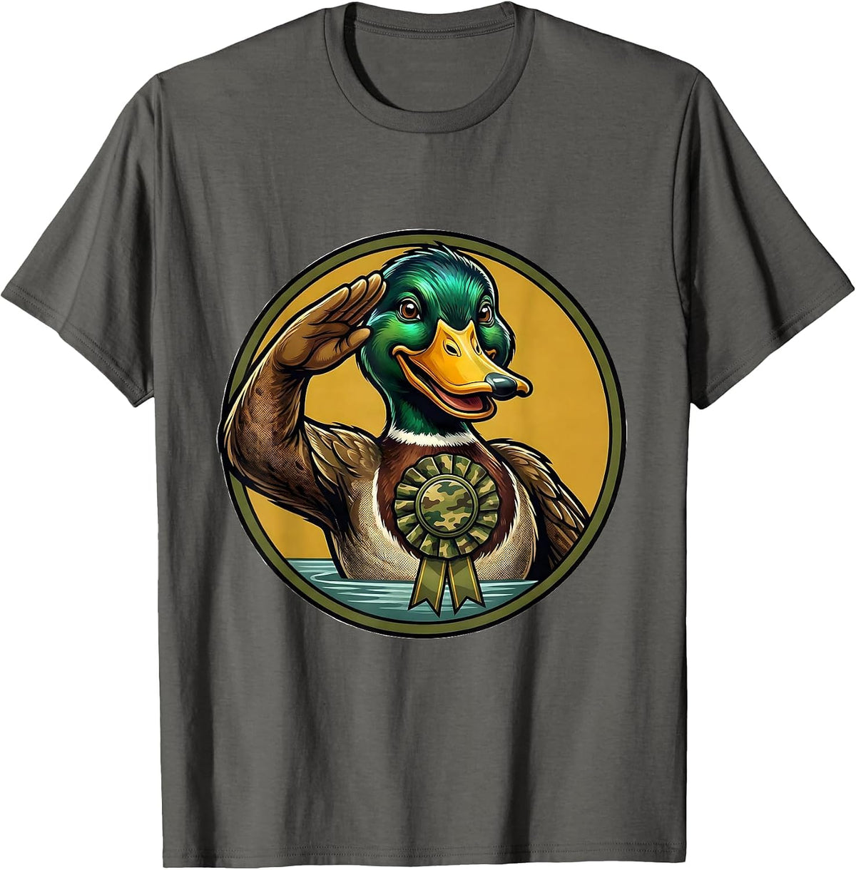 Men's Mallard Duck Camo Hunting Retro Mascot Badge Vintage T-Shirt - Asphalt Grey
