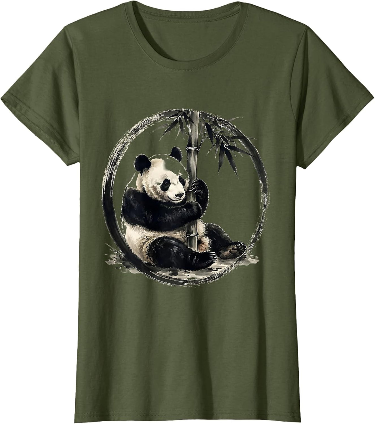 Women's Sleeping Panda Curled Around Bamboo Stalk T-Shirt - Olive Green