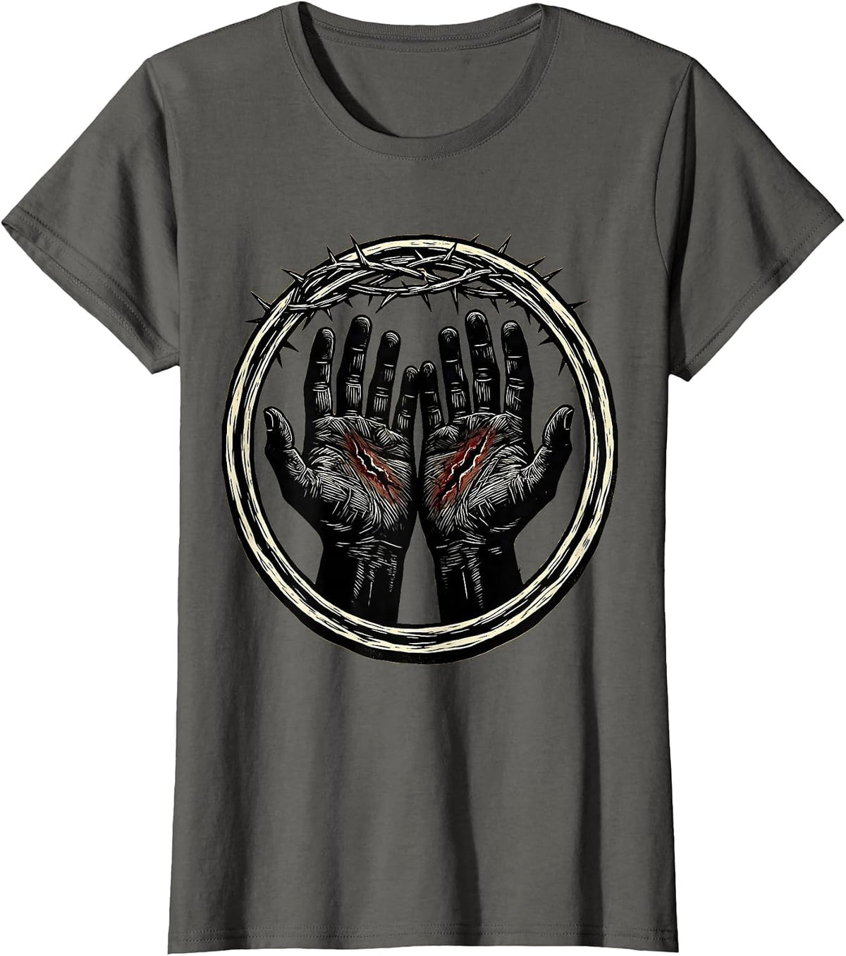 Women's Jesus Nail Scarred Hands Faith Graphic T-Shirt - Asphalt Grey