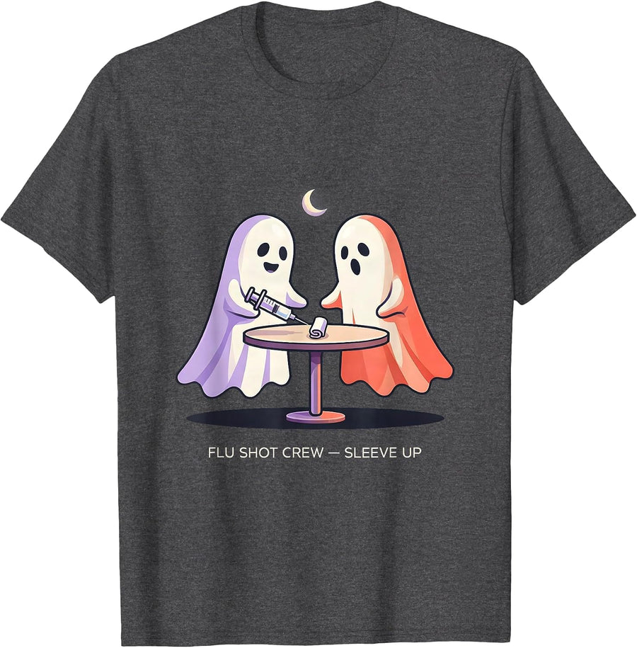 Men's Flu Shot Crew Sleeve Up Funny Halloween Nurse Ghost Vaccine T-Shirt - Dark Heather Grey