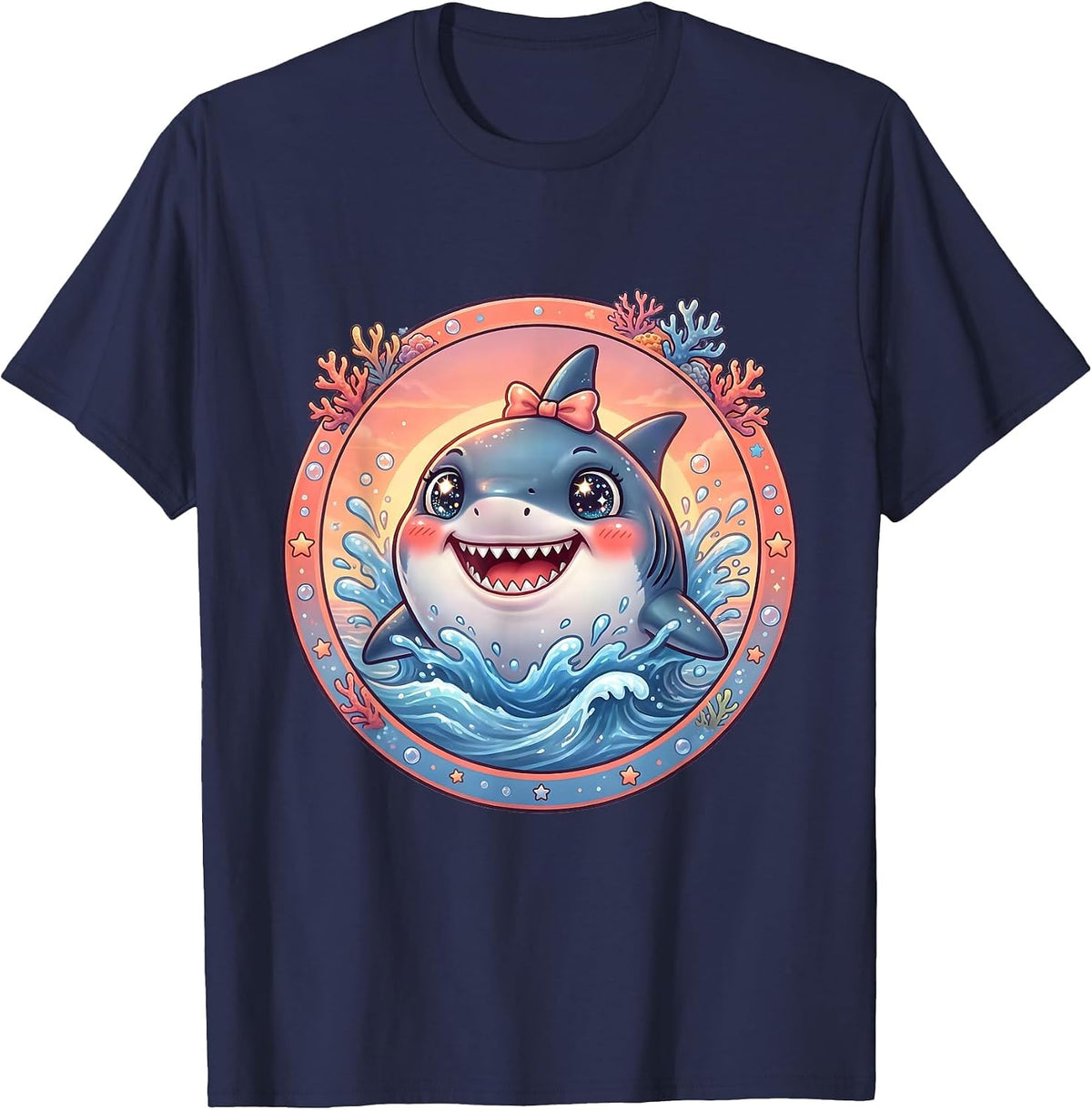 Mommy Shark Ocean Sunset Burst Graphic T-Shirt - Navy Blue