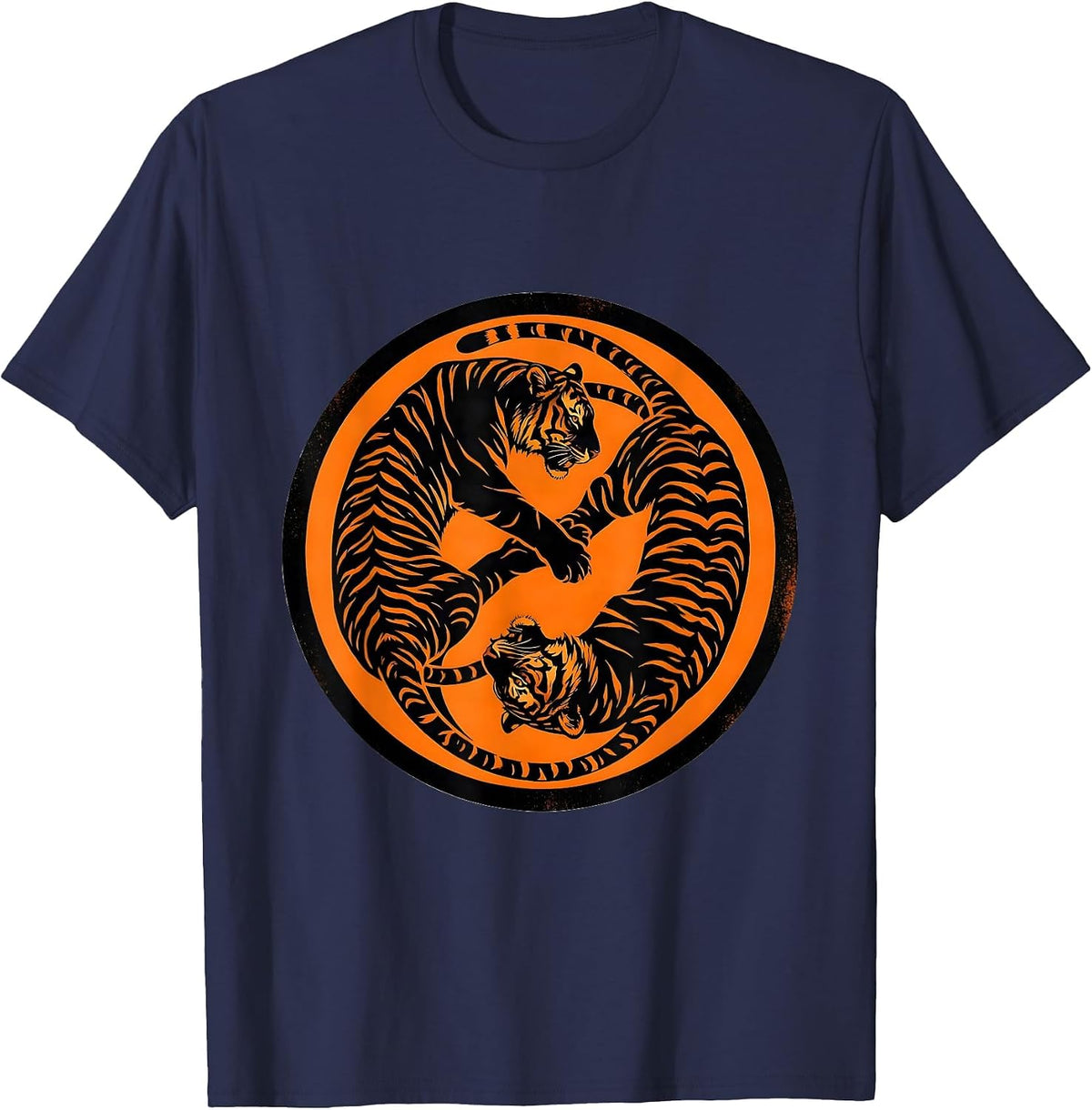 Twin Tigers Yin Yang Balance Graphic Design T-Shirt - Navy Blue