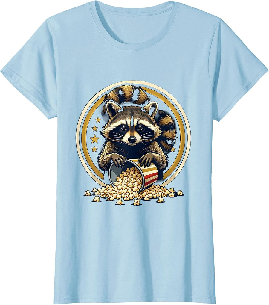 Women's Raccoon Popcorn Emblem Funny Trash Panda Meme Humor T-Shirt - Baby Blue