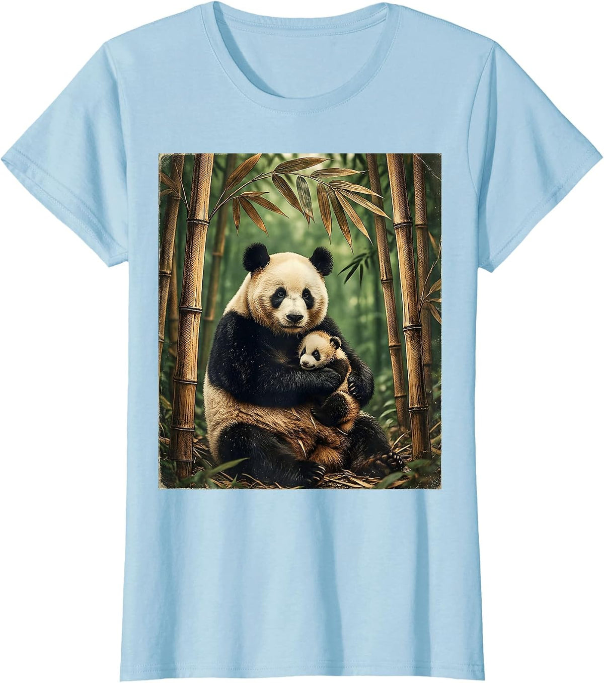Mama Panda and Cub in Bamboo Grove Design T-Shirt - Baby Blue