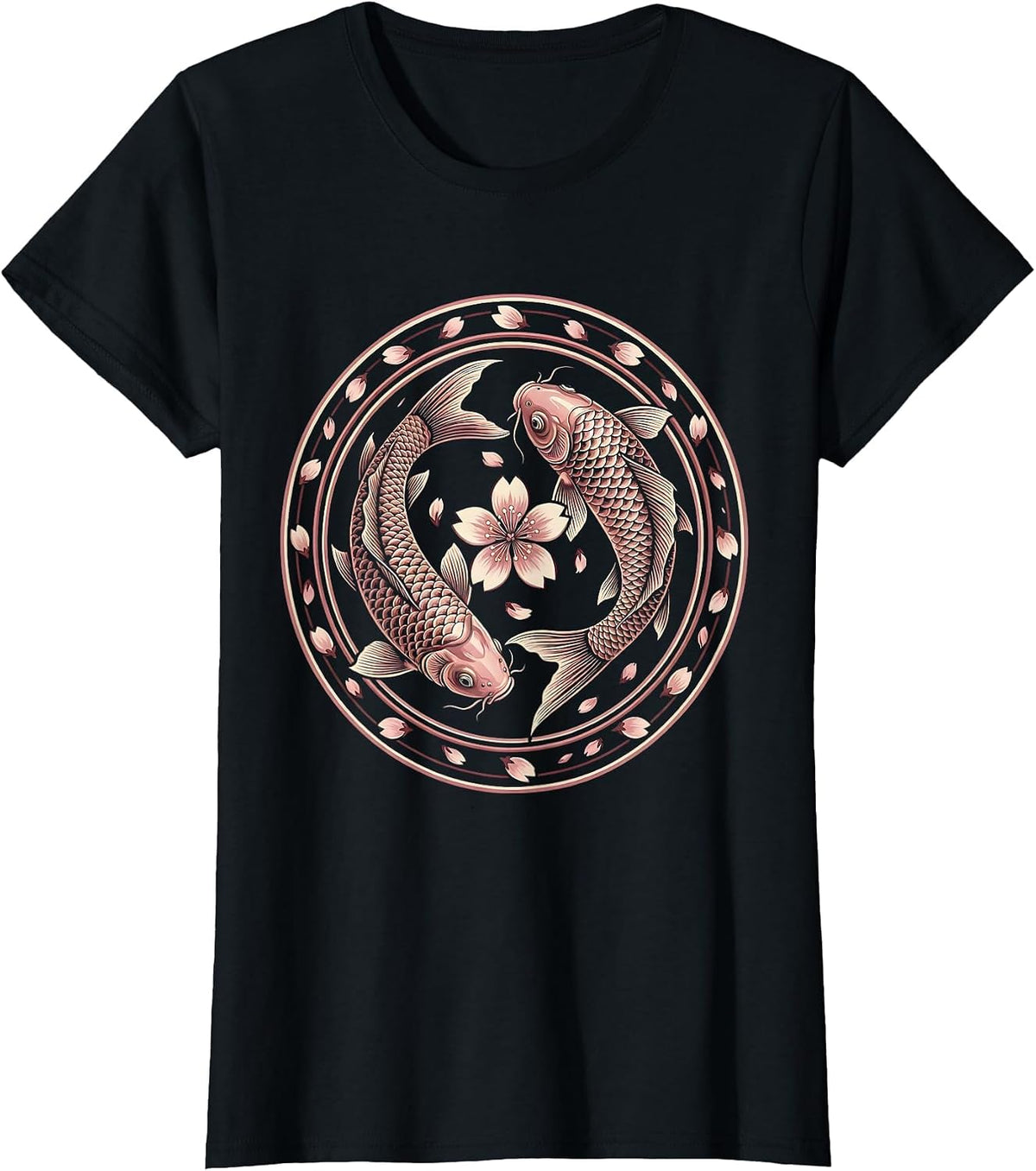 Women's Koi Fish Pink Cherry Blossom Breast Cancer Awareness T-Shirt - Black