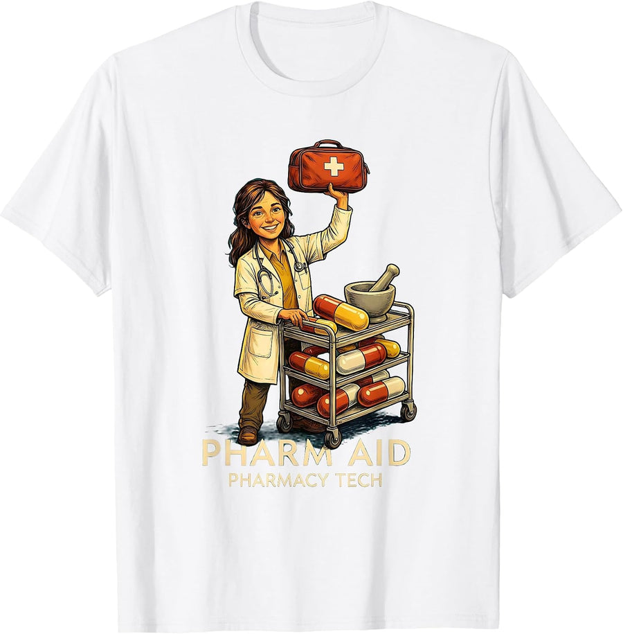 Men's Pharm Aid Pharmacy Tech Funny Pharmacy Technician Pun T-Shirt - White