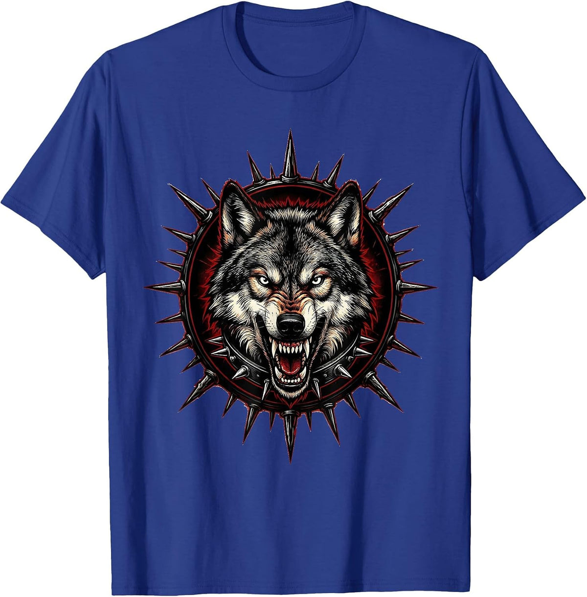 Snarling Wolf Spiked Collar Punk Band Graphic T-Shirt - Royal Blue