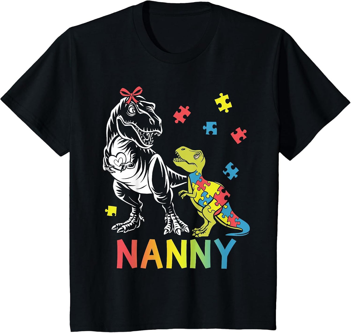 Nanny Saurus T Rex Autism Awareness Autistic Dinosaur Family T-Shirt - Black