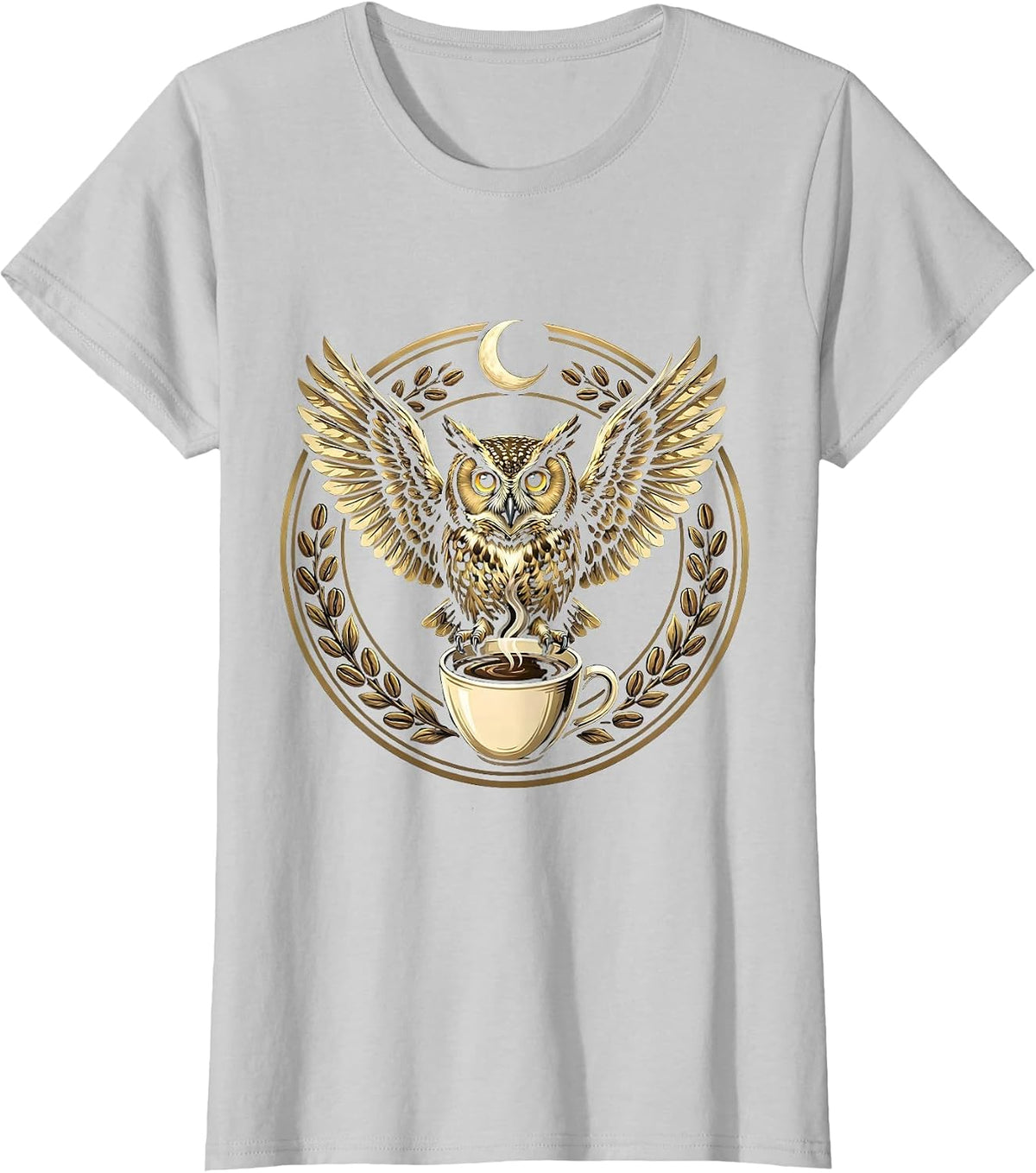 Women's Midnight Owl Perched on Coffee Cup Illustration T-Shirt - Silver Grey
