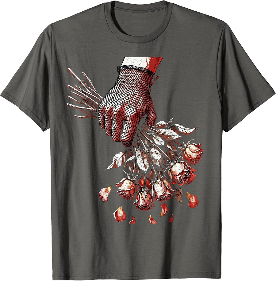 Fishnet Glove Dead Flowers Dark Aesthetic Graphic T-Shirt - Asphalt Grey
