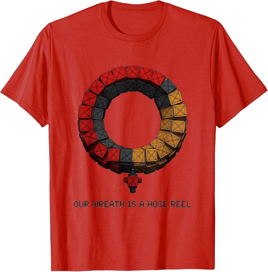 Men's Our Wreath Is A Hose Reel Funny Firefighter Humor Christmas T-Shirt - Red