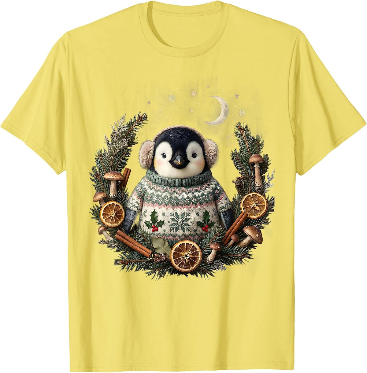 Men's Cute Penguin Christmas Sweater and Earmuffs Design T-Shirt - Lemon Yellow