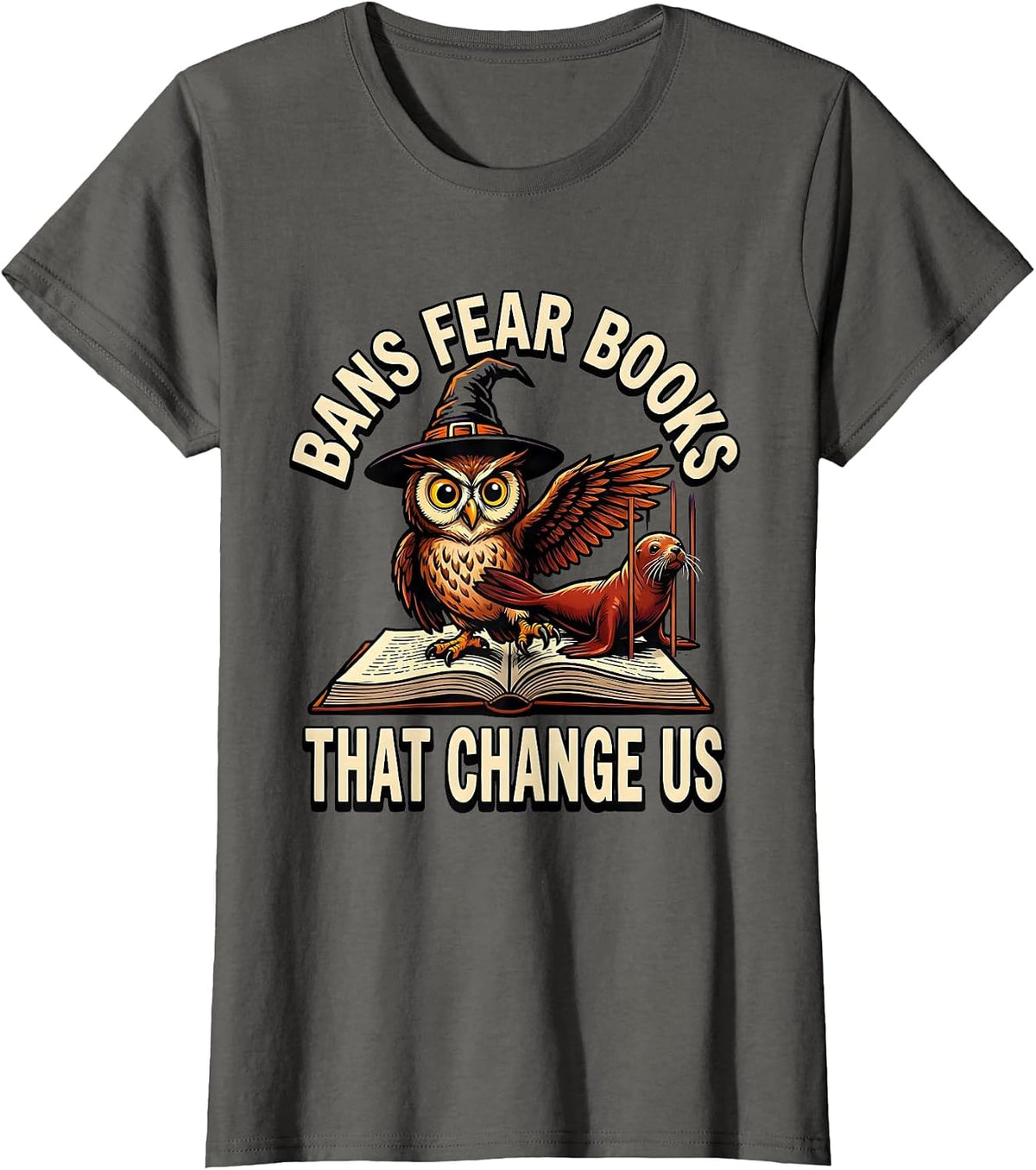 Women's Bans Fear Books That Change Us Cartoon Witch Bookish T-Shirt - Asphalt Grey