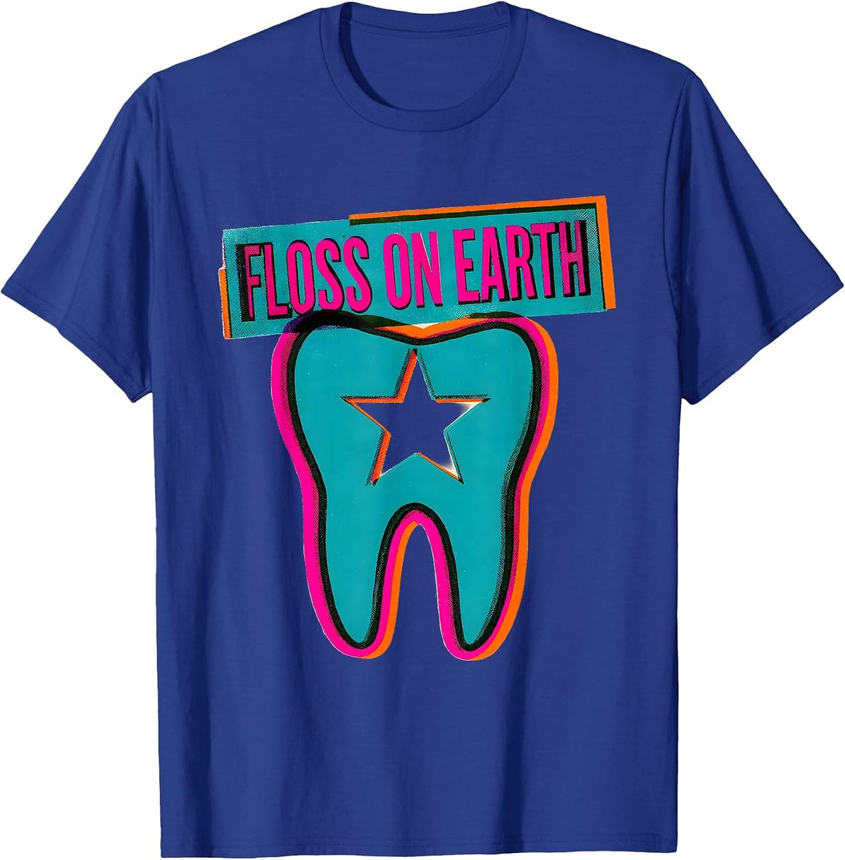 Floss On Earth Risograph Funny Dental Hygienist Christmas T-Shirt - Royal Blue