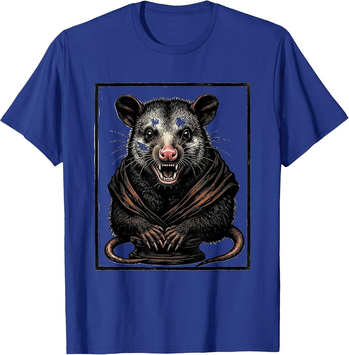Formal Opossum Bust Linocut Funny Animal Meme T-Shirt - Royal Blue