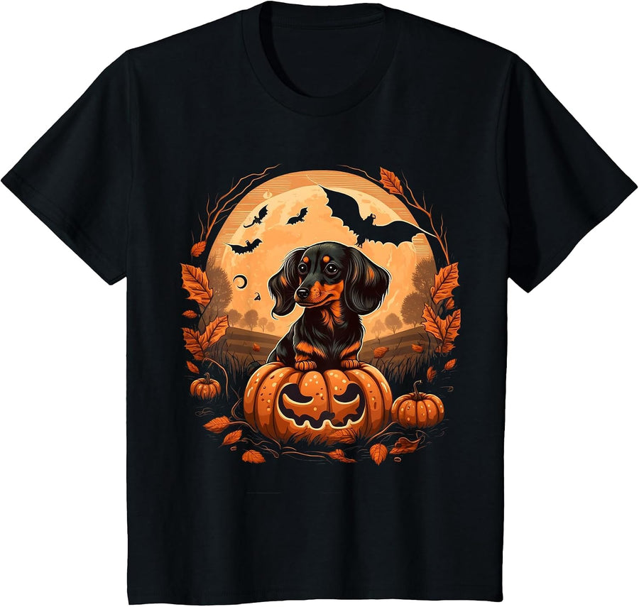Pumpkin Dachshund Costume on Dachshund Halloween T-Shirt - Black