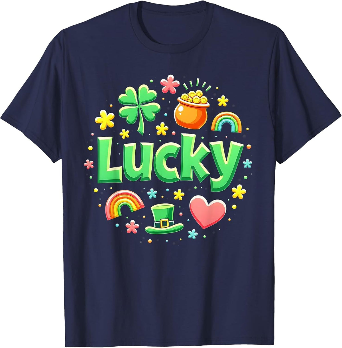 Lucky Charm Patricks Day Pot of Gold Irish Shamrock Rainbow T-Shirt - Navy Blue