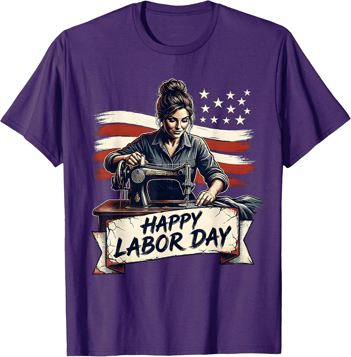 Men's Happy Labor Day Distressed Patriotic Woman Messy Bun Labor T-Shirt - Purple