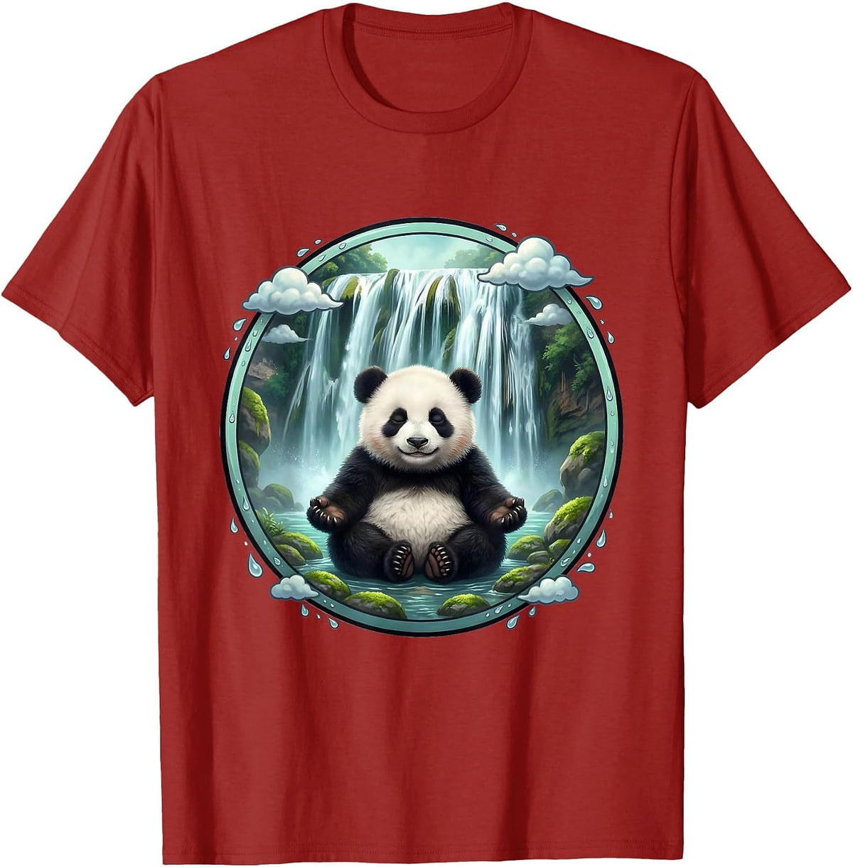 Panda Meditating Under Waterfall Graphic Tee T-Shirt - Cranberry Red