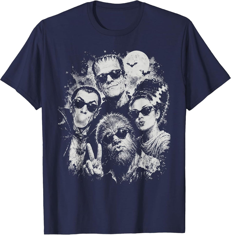 Vintage 90s Halloween Frankenstein Monsters Selfie Lovers Tee T-Shirt - Navy Blue