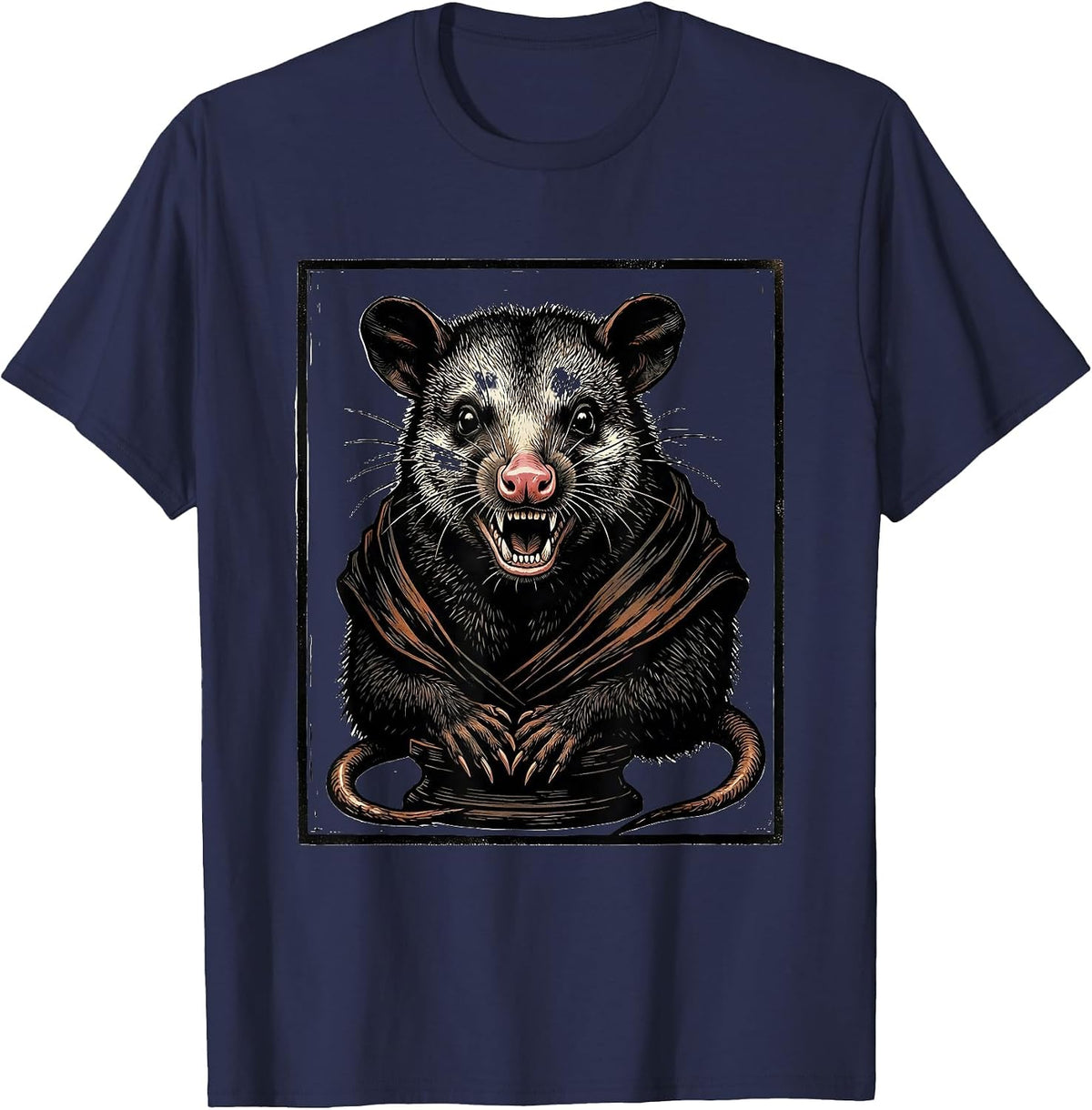 Formal Opossum Bust Linocut Funny Animal Meme T-Shirt - Navy Blue