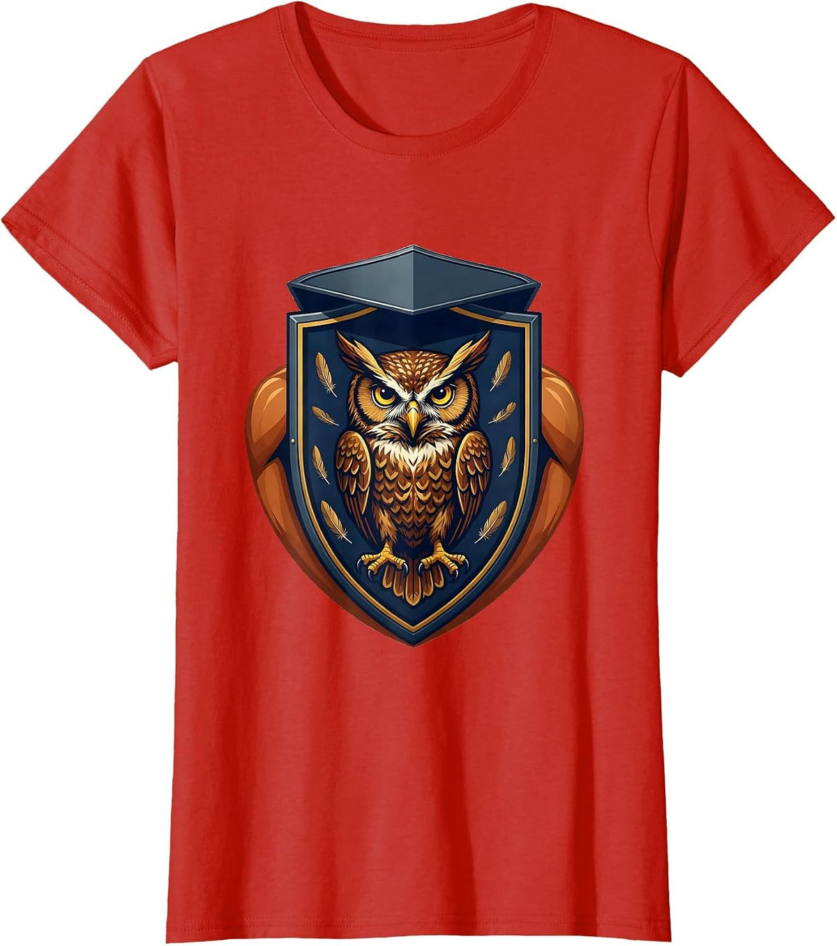 Women's Heraldic Owl Human Faceplate Emblem Halloween Costume T-Shirt - Red