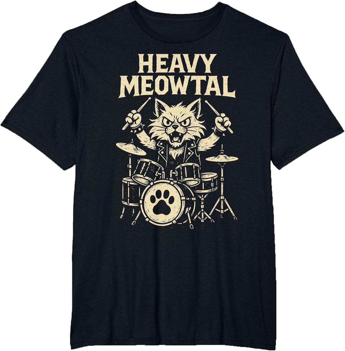 Heavy MEOWTAL - Cat Drummer Rock Music T-Shirt - Black