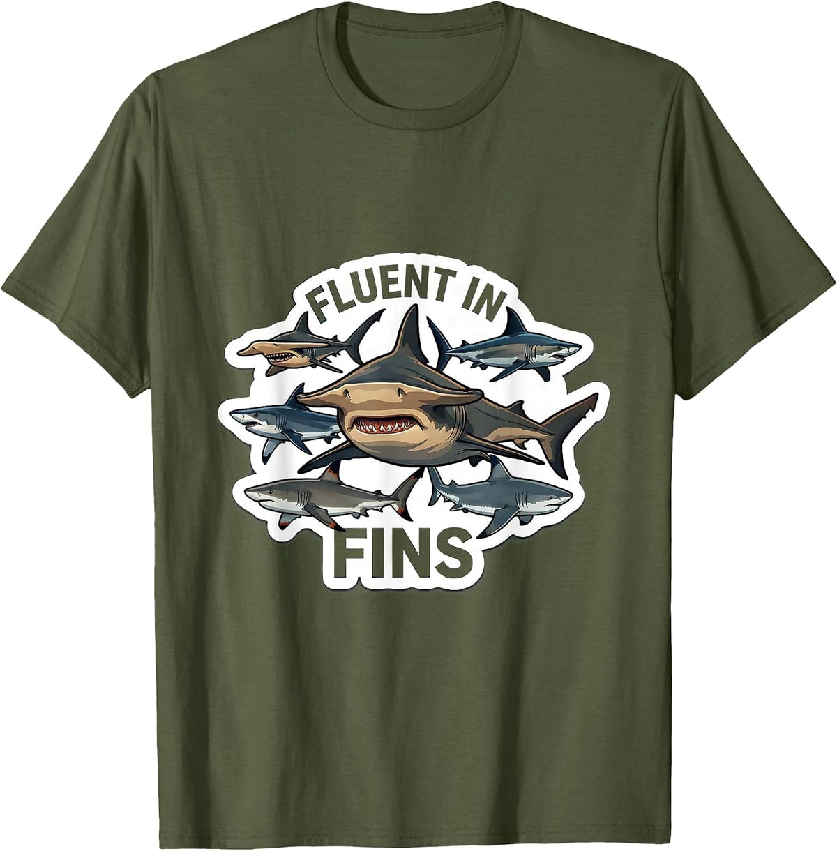 Men's Fluent In Fins Funny Shark Species Marine Biology Lover T-Shirt - Olive Green