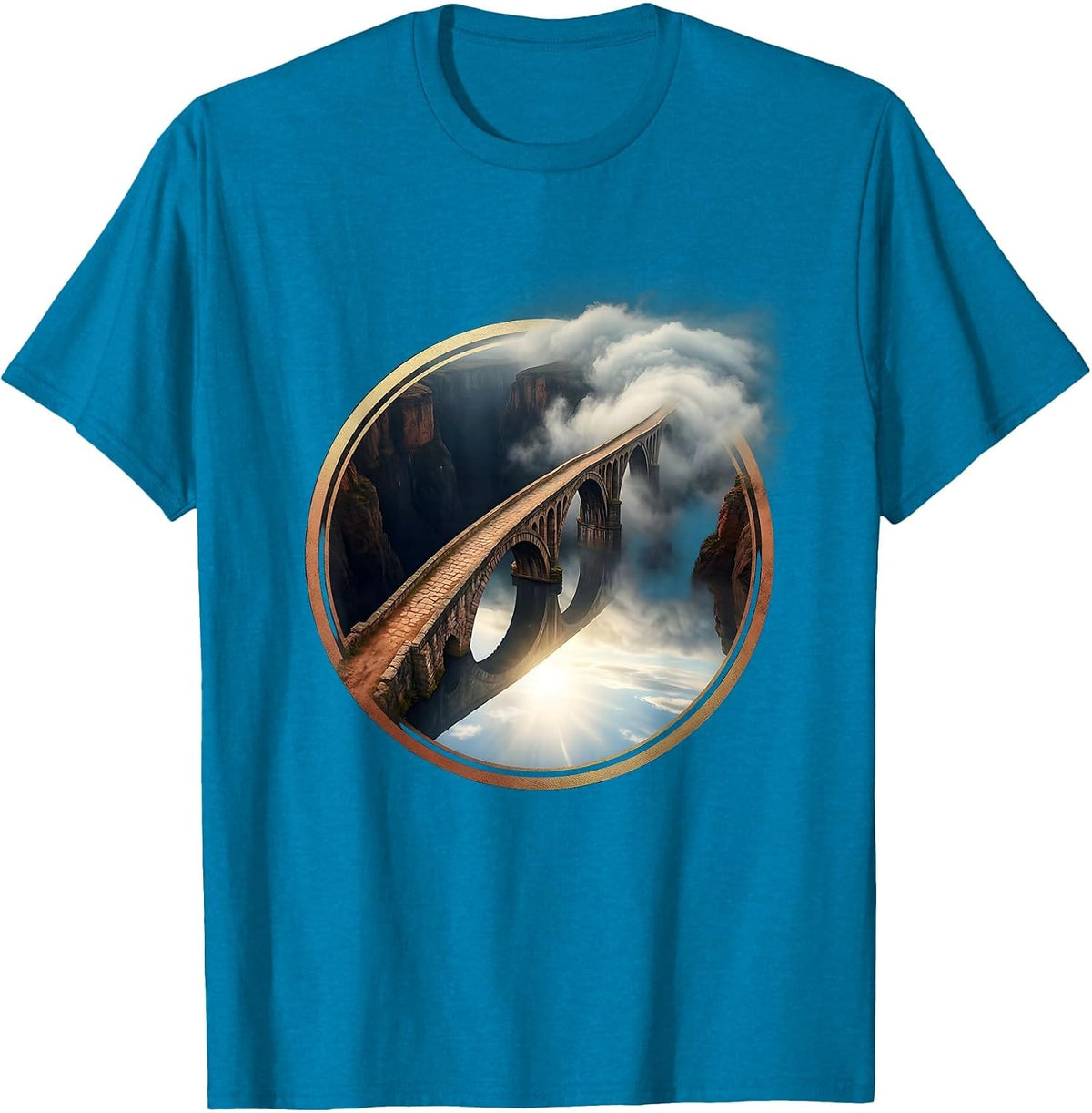 Bridge Over Dark Canyon Emerging From Fog T-Shirt - Sapphire Blue
