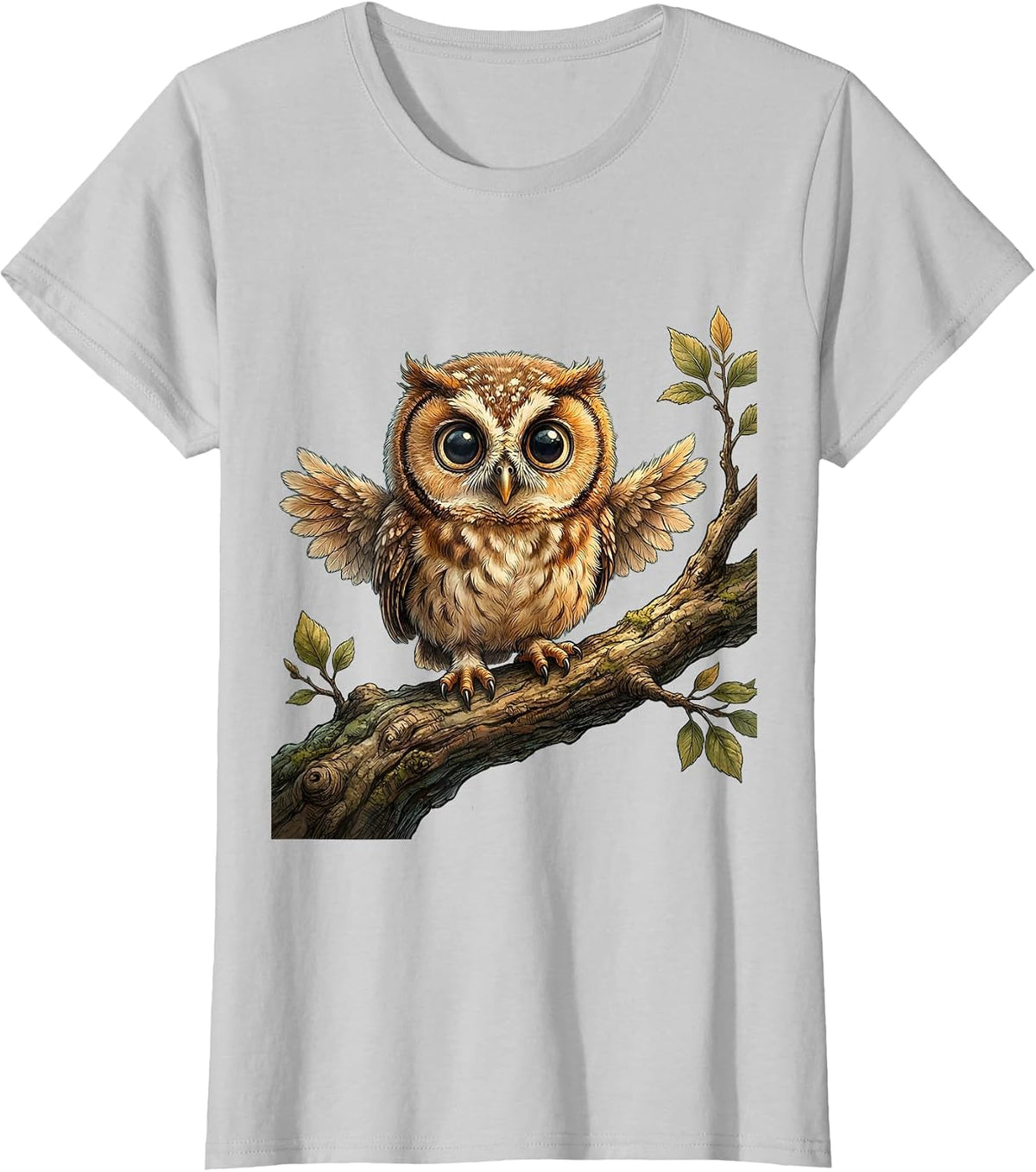 Baby Owl Perched on Branch Cute Nature Design T-Shirt - Silver Grey