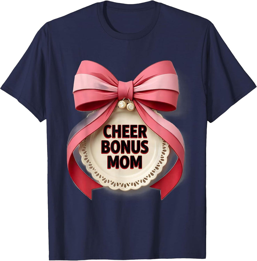 Cheer Bonus Mom Coquette Ribbon Cheerleader Family Game Day T-Shirt - Navy Blue