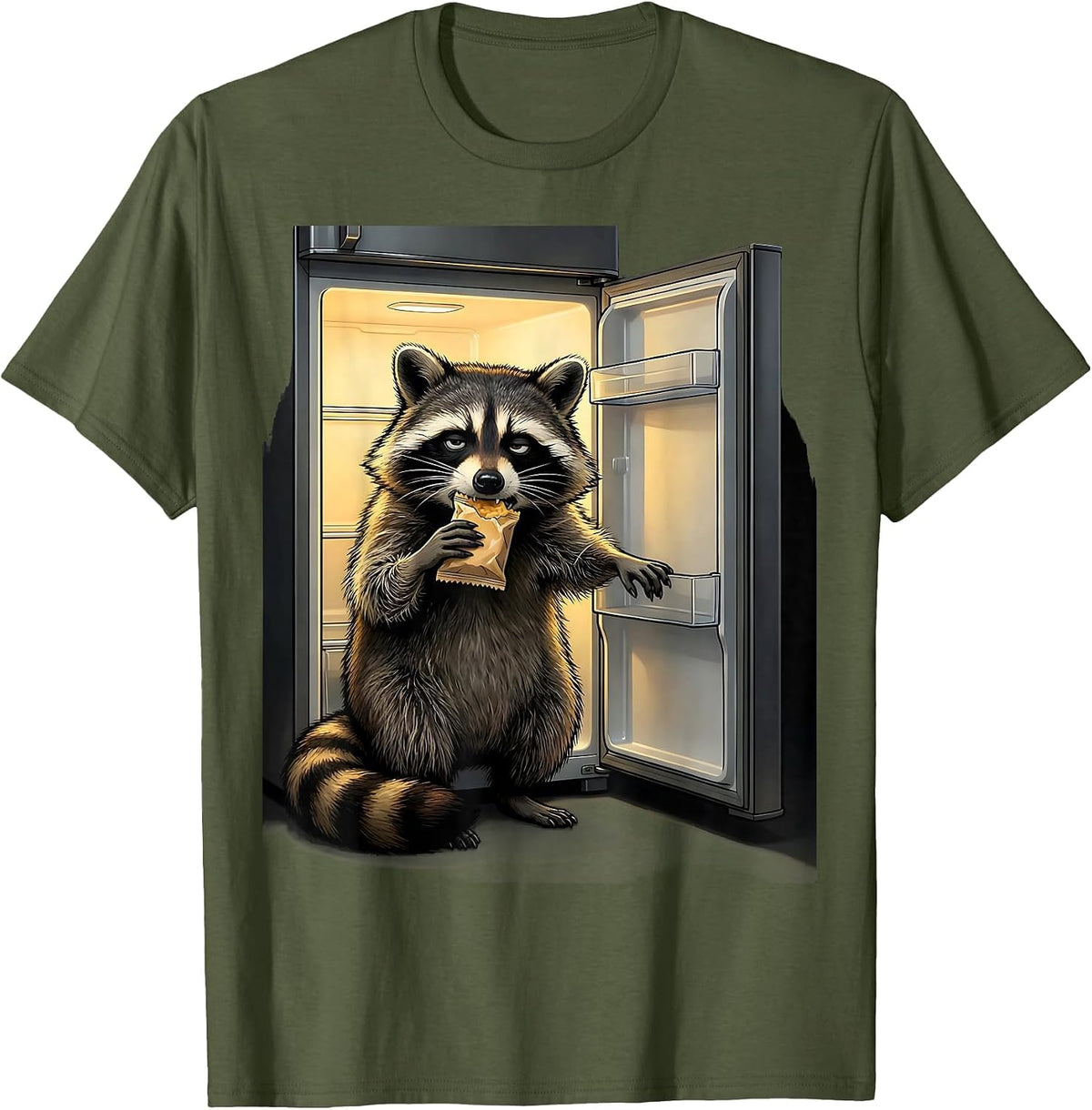Masked Raccoon Snacking Funny Trash Panda Meme Humor T-Shirt - Olive Green