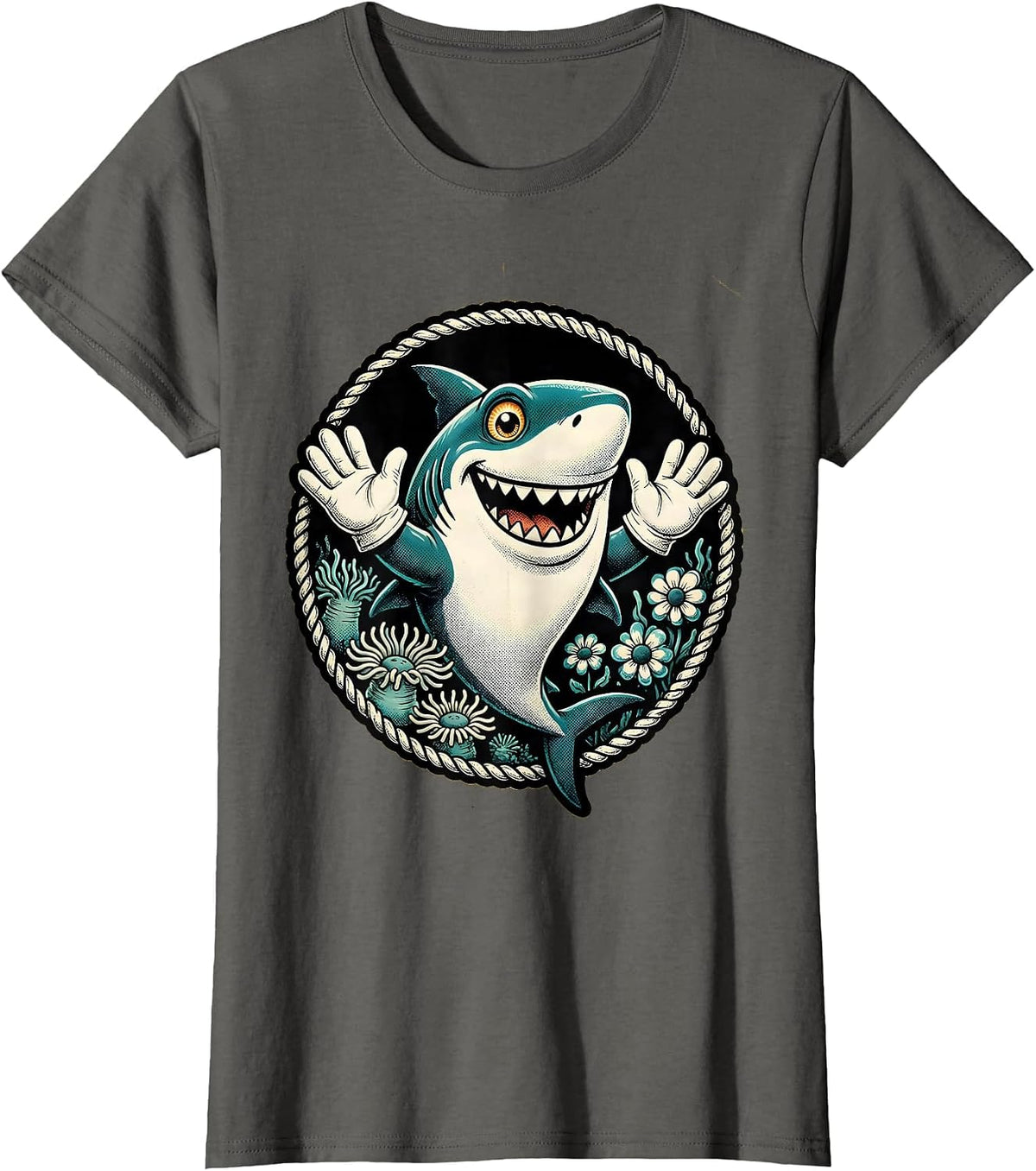 Women's Mommy Shark Floral Ocean Illustration T-Shirt - Asphalt Grey