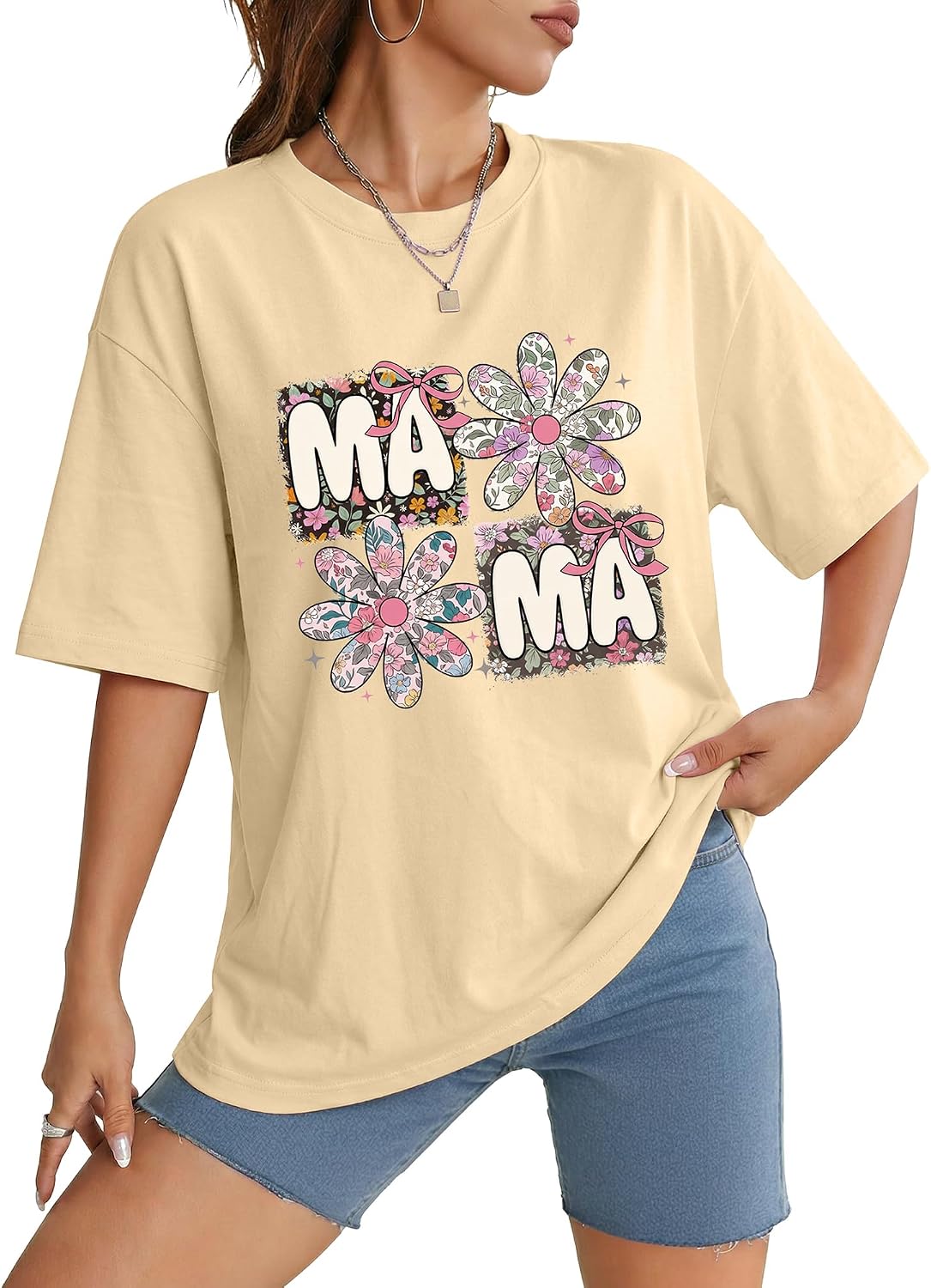 Aiyino Womens Mama Graphic Tee Casual Cotton Shirt - Floral Mama