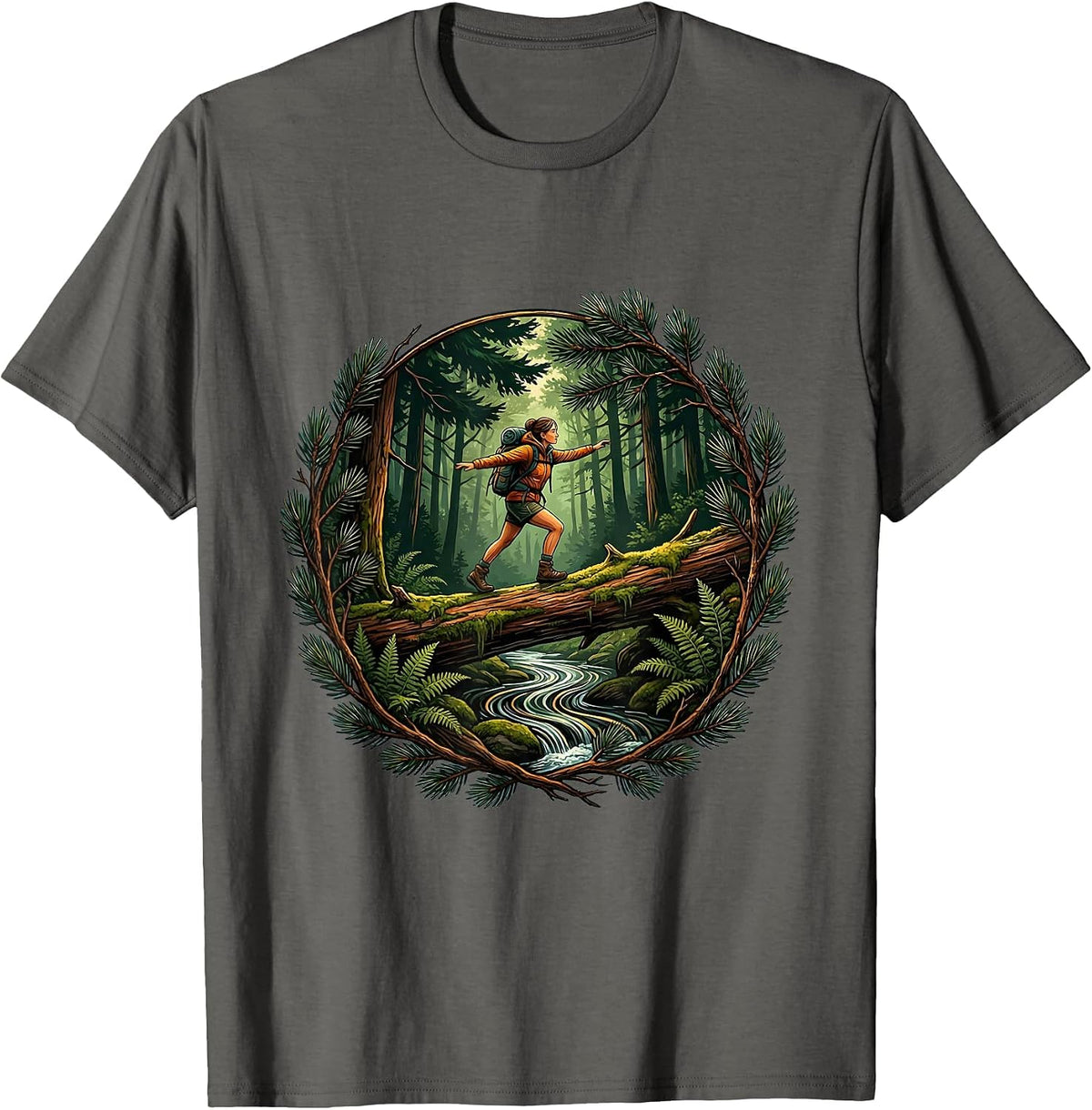 Hiker Crossing Mossy Log Bridge Outdoor Art T-Shirt - Asphalt Grey