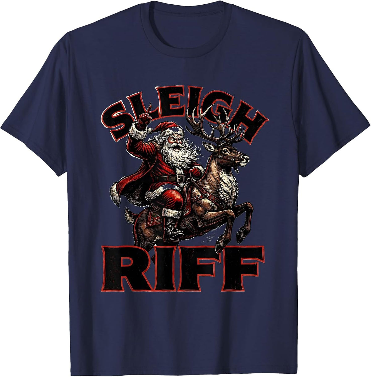 Sleigh Riff Metal Christmas Heavy Metal Fan Parody Humor T-Shirt - Navy Blue