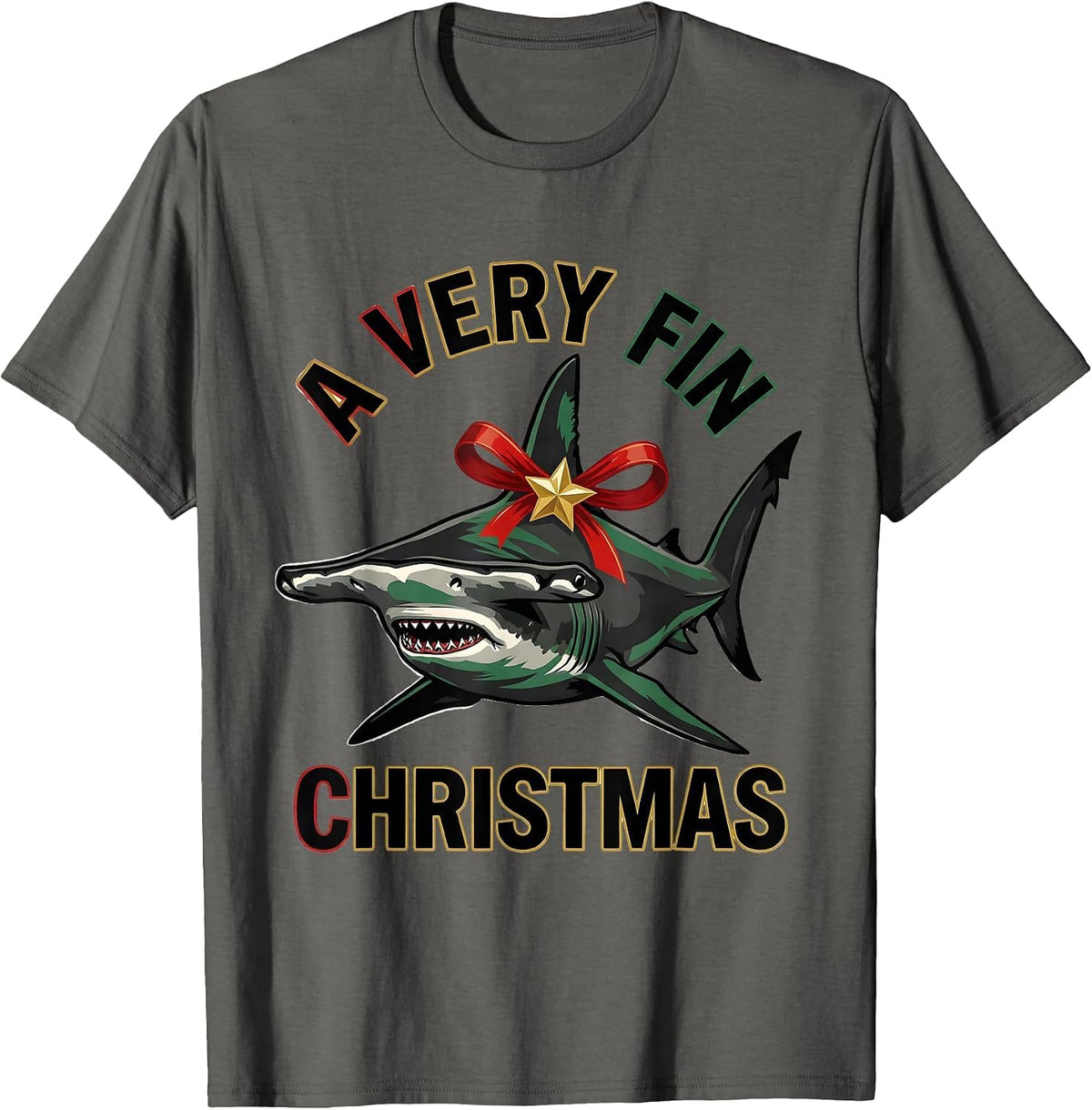 A Very Fin Christmas Funny Shark Lover Marine Biology T-Shirt - Asphalt Grey